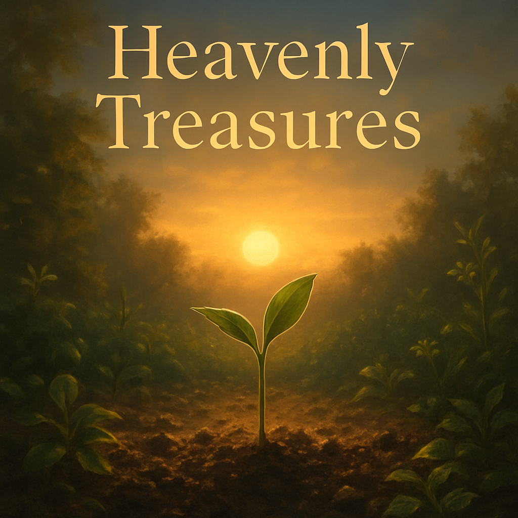 A serene sunrise over a small garden with a single bright seed growing, symbolizing the beginning of heavenly treasures. Alt: A single seed growing at sunrise in a quiet garden.