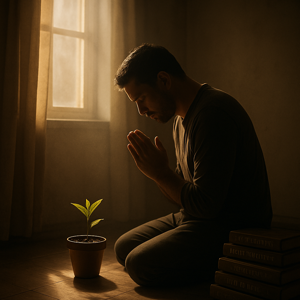 A quiet morning scene with a person kneeling in prayer beside a small plant, soft sunlight filtering through a window. Alt: Person praying beside a plant, morning light