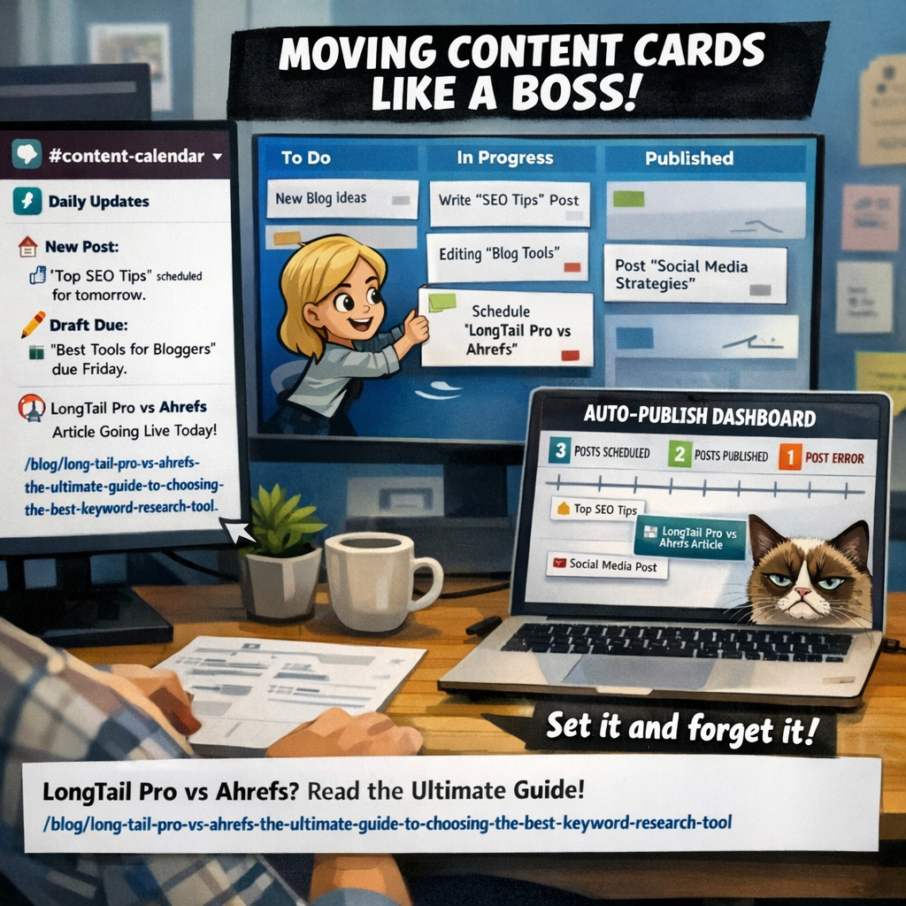 A modern digital workspace showing a Slack channel with concise calendar updates, a Trello board with content cards moving across columns, and a laptop displaying an automated publishing dashboard. Alt: team collaboration tools integrated with blog content calendar automation