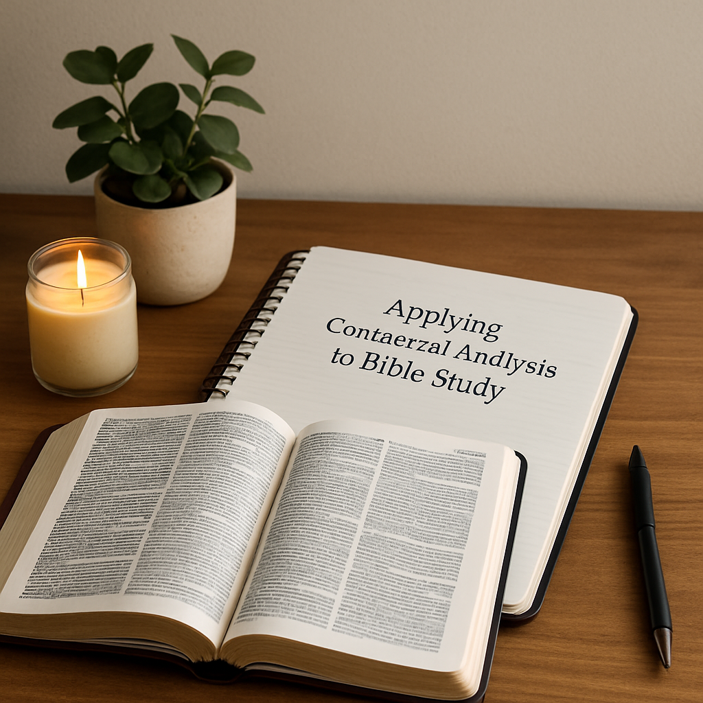 A serene study space with open Bible, notebook, and a candle, illustrating contextual analysis in action. Alt: Applying contextual analysis to Bible study