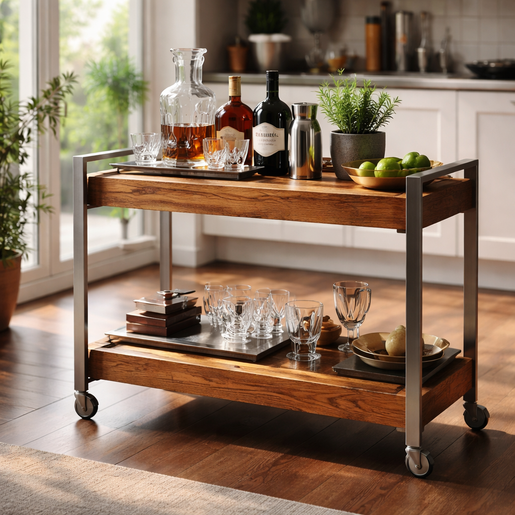 A cinematic, photorealistic scene of a stylish bar cart base made of reclaimed oak with brushed‑steel legs, positioned in a modern UK kitchen, soft natural light streaming in, a handful of elegant glassware and a small potted herb perched on the top, highlighting luxury home styling. Alt: Choosing the right bar cart base for a luxurious home interior.