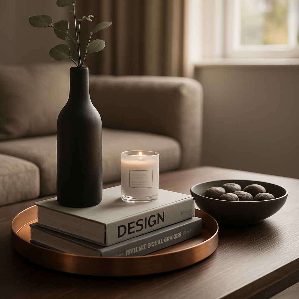 A cinematic, photorealistic scene of a stylish coffee table in a contemporary UK living room, showcasing a brushed‑copper tray base, a tall matte‑black vase, a stack of two thick design books topped with a scented candle, and a shallow bowl of polished river stones, soft natural light streaming through a window, depth of field highlighting the textures, appealing to homeowners seeking luxury interior solutions. Alt: How to style a coffee table with balanced accessories.
