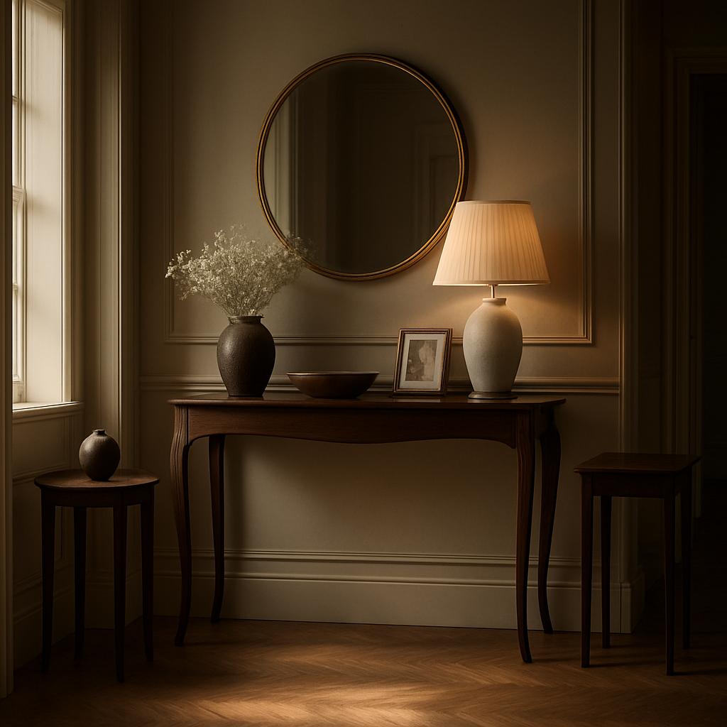 A cinematic scene of a beautifully styled console table in a sophisticated UK hallway, showcasing different table sizes and shapes, with soft natural lighting and elegant accessories. Alt: Choosing the right console table size and shape for styling.