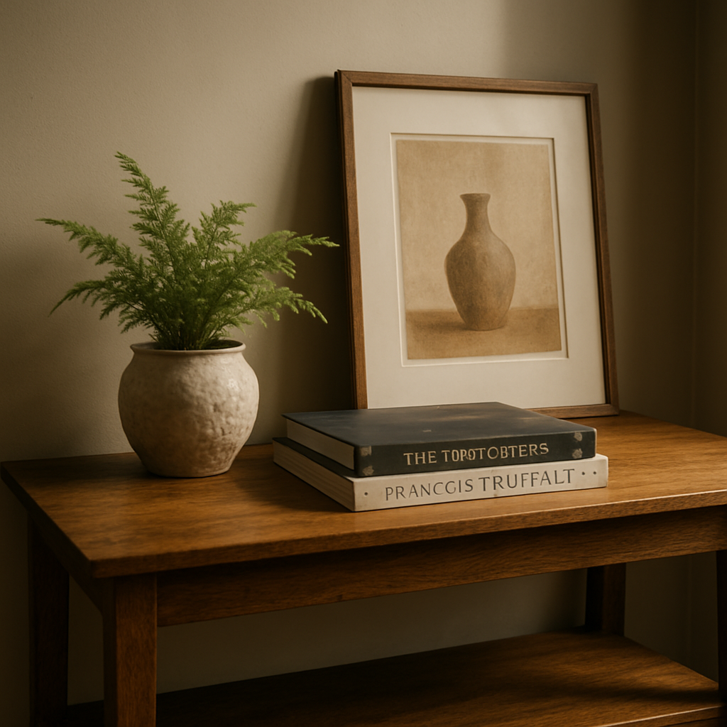 A cinematic, photorealistic scene of a stylish UK hallway console table styled with a stack of coffee‑table books, a small potted fern in a textured ceramic pot, and a framed art print leaning against the back of the table, soft natural light highlighting wood grain. Alt: How to style a console table with books, plants, and art.