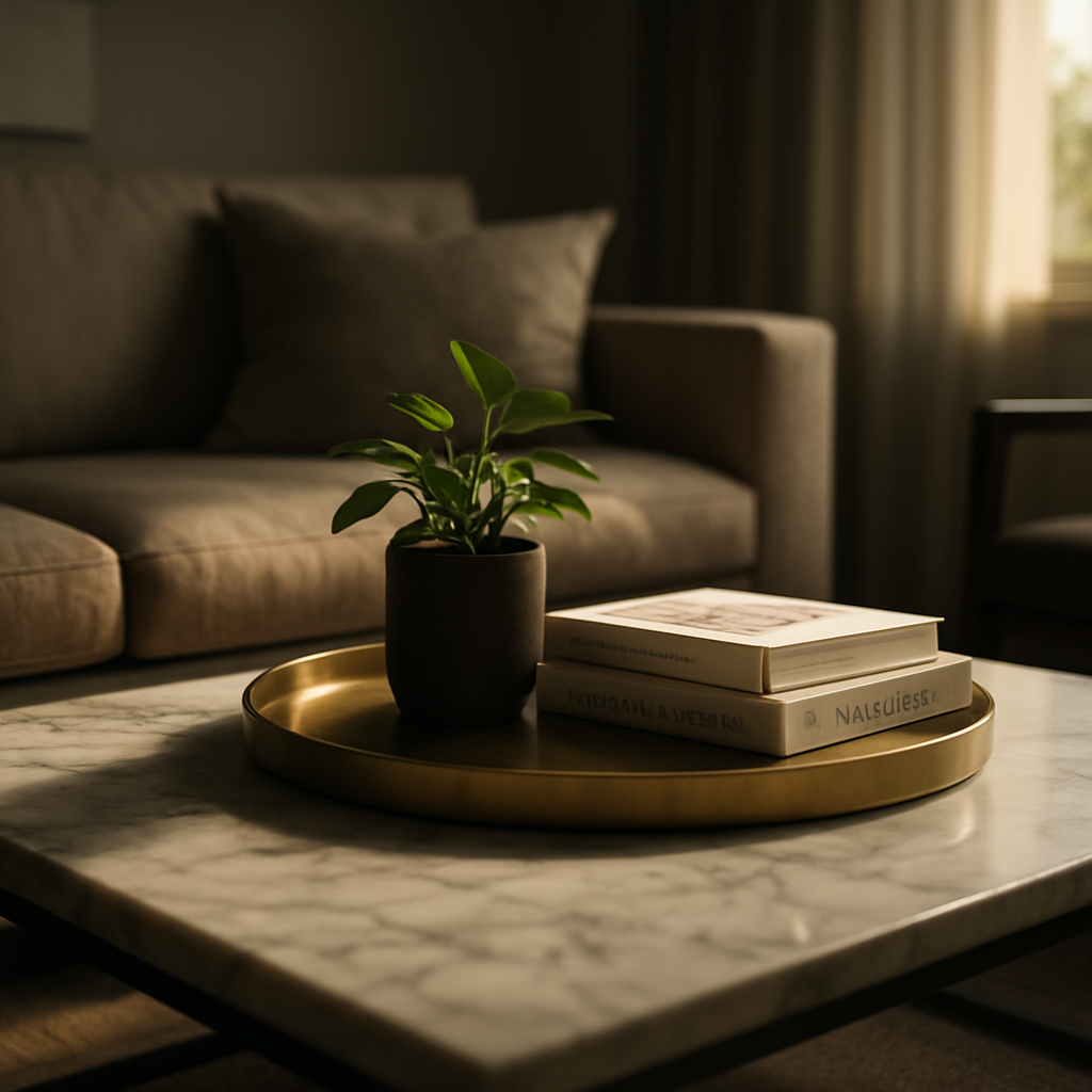A Cinematic, photorealistic scene of a marble coffee table styled with a low-profile brass tray, a small plant, and a stack of design books in a sunlit luxury living room. Alt: Cinematic marble coffee table styling in a luxurious living room