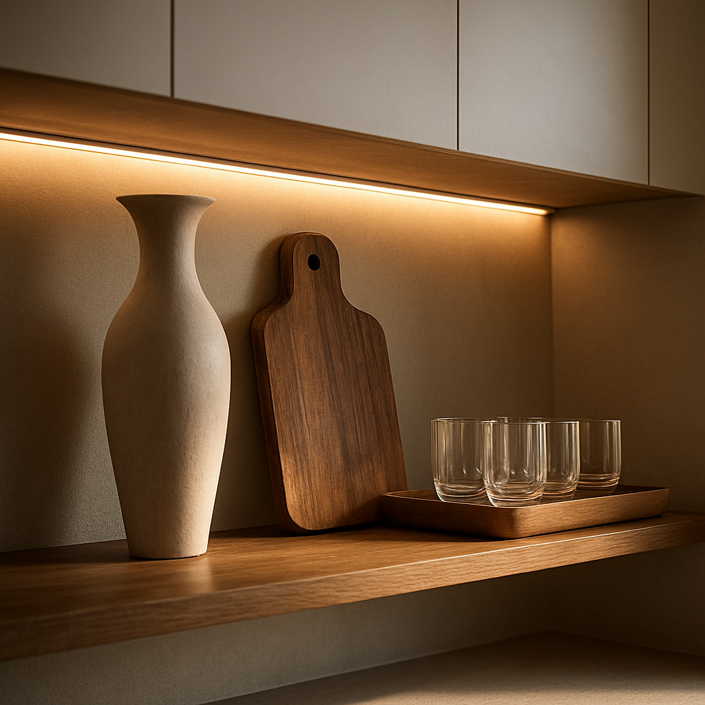A cinematic, photorealistic scene of a stylish kitchen open shelf displaying a tall sculptural vase, a medium wooden cutting board, and a low tray of glassware, with subtle under‑shelf LED lighting casting warm highlights; background shows sleek white cabinets and soft natural light, evoking a luxurious yet lived‑in atmosphere. Alt: How to style open shelves in kitchen with curated accessories.