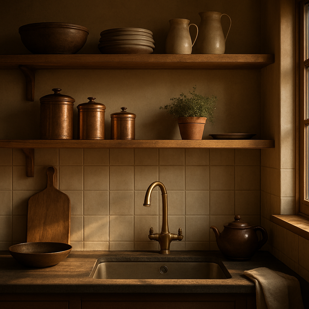 A Cinematic, photorealistic British kitchen with open wooden shelves, warm daylight from a nearby window, copper canisters, a small herb pot, and a shallow tray. The lighting highlights textures and creates a luxe, lived-in mood. Alt: Cinematic open-shelves kitchen in a British home.