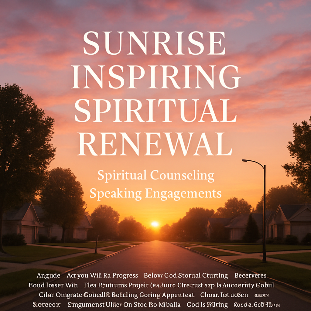 A sunrise over a quiet suburban street, soft pink clouds, calm morning light. Alt: Sunrise inspiring spiritual renewal