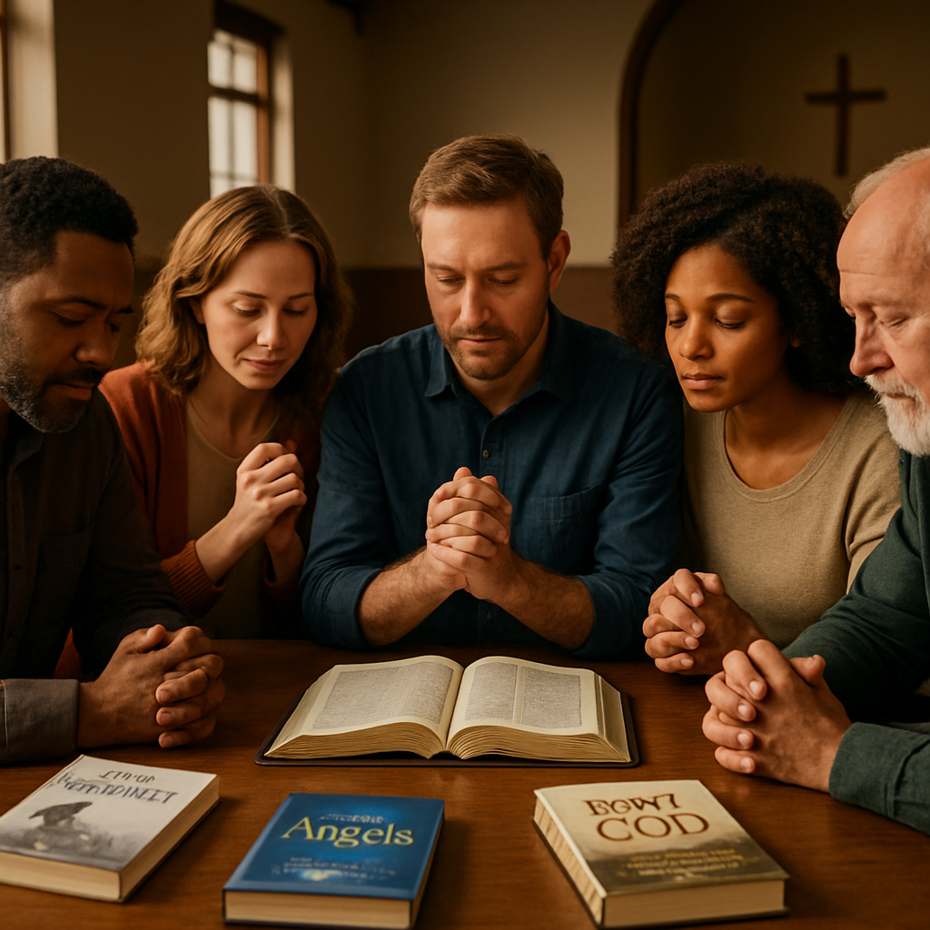 A cozy group of diverse adults sitting around a table in a church fellowship hall, sharing a book and praying together. Alt: group prayer fellowship scene.