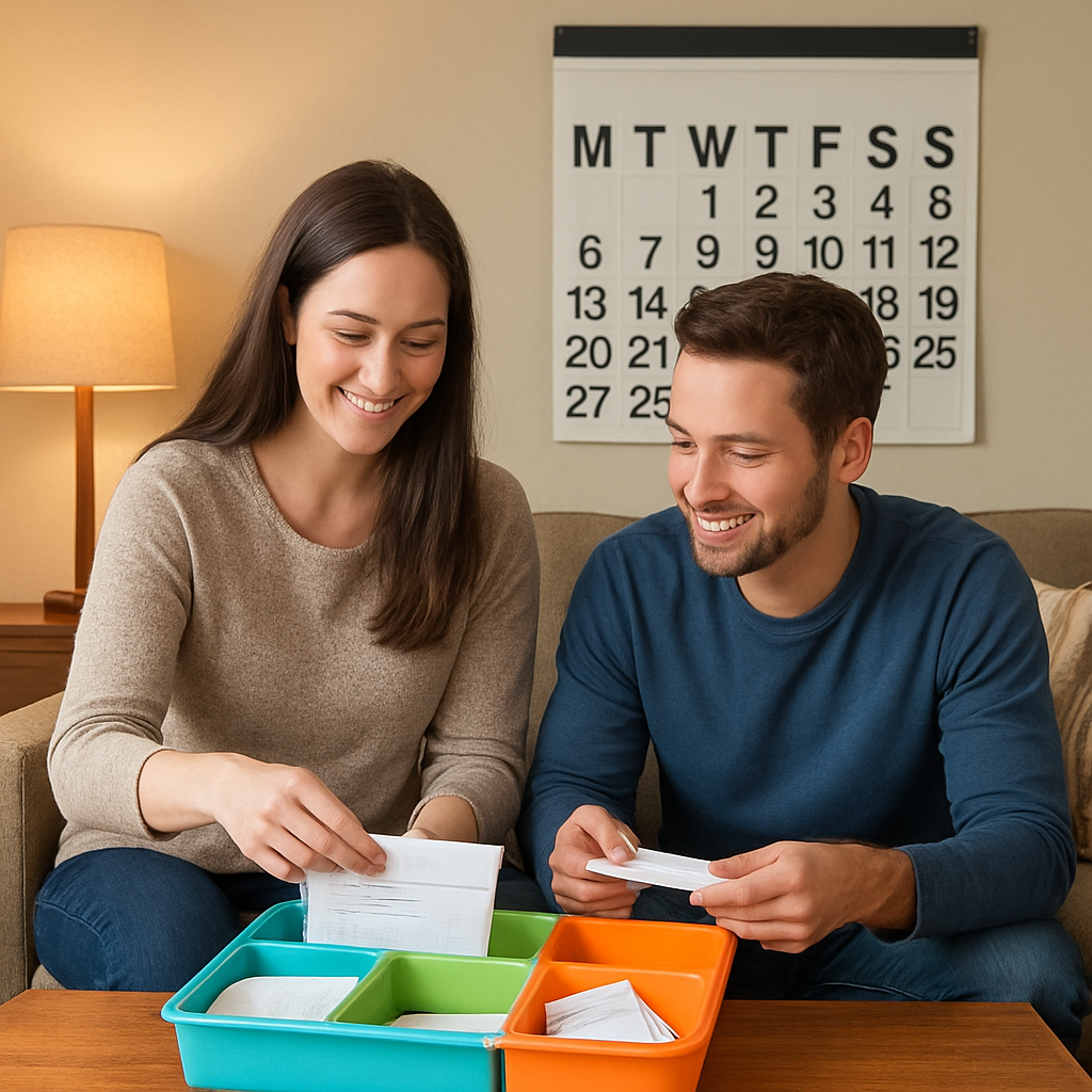 A cozy living room scene where a couple is sorting mail into a colorful tray, with a wall calendar visible in the background. Alt: Understanding ADHD impact through visual organization and shared routines.