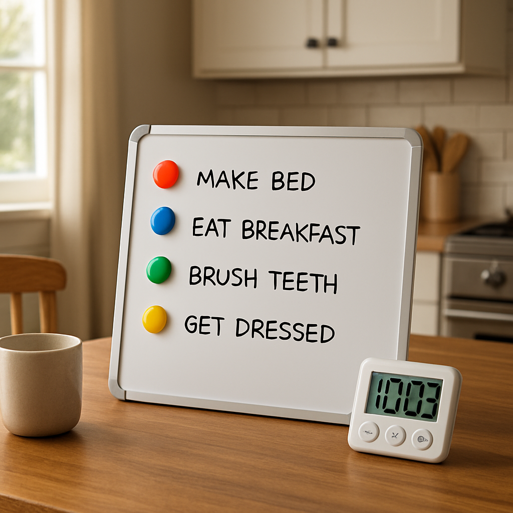 A cozy kitchen table with a shared whiteboard, color‑coded magnets, and a timer ticking on the side. Alt: Couple managing daily routines with visual cues and timers.