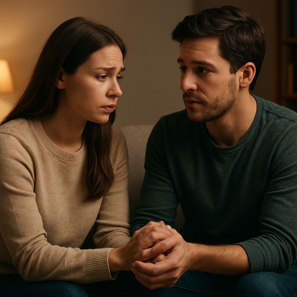 A cozy couple sitting on a sofa, holding hands, with soft lighting, illustrating compassionate communication. Alt: compassionate communication between partners supporting anxiety