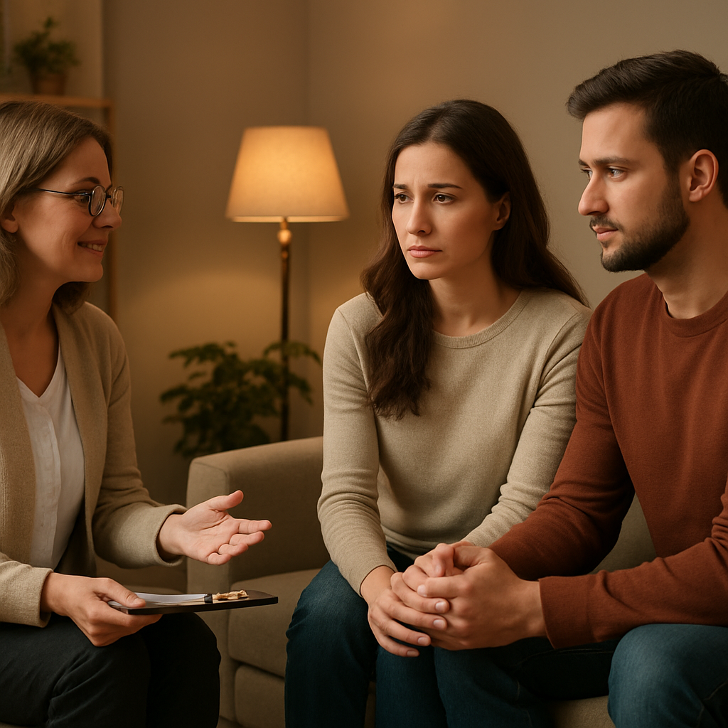 A warm, softly lit therapist’s office with a couple sitting on comfortable chairs, holding hands, and a calm therapist guiding the conversation. Alt: Couples therapy session for anxiety support