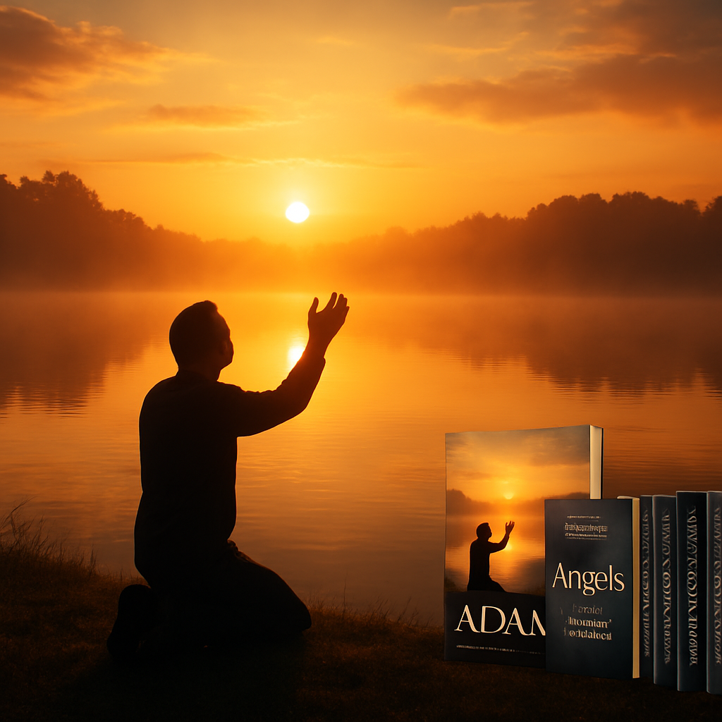 A serene sunrise over a quiet lake, with a lone figure kneeling in prayer, arms lifted toward the light. Alt: A person acknowledging their need for God in a peaceful natural setting.
