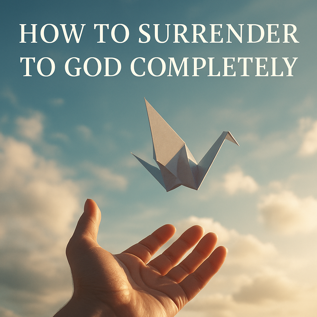 A serene hand releasing a paper crane into a bright sky, symbolizing complete surrender to God. Alt: How to surrender to God completely visual metaphor