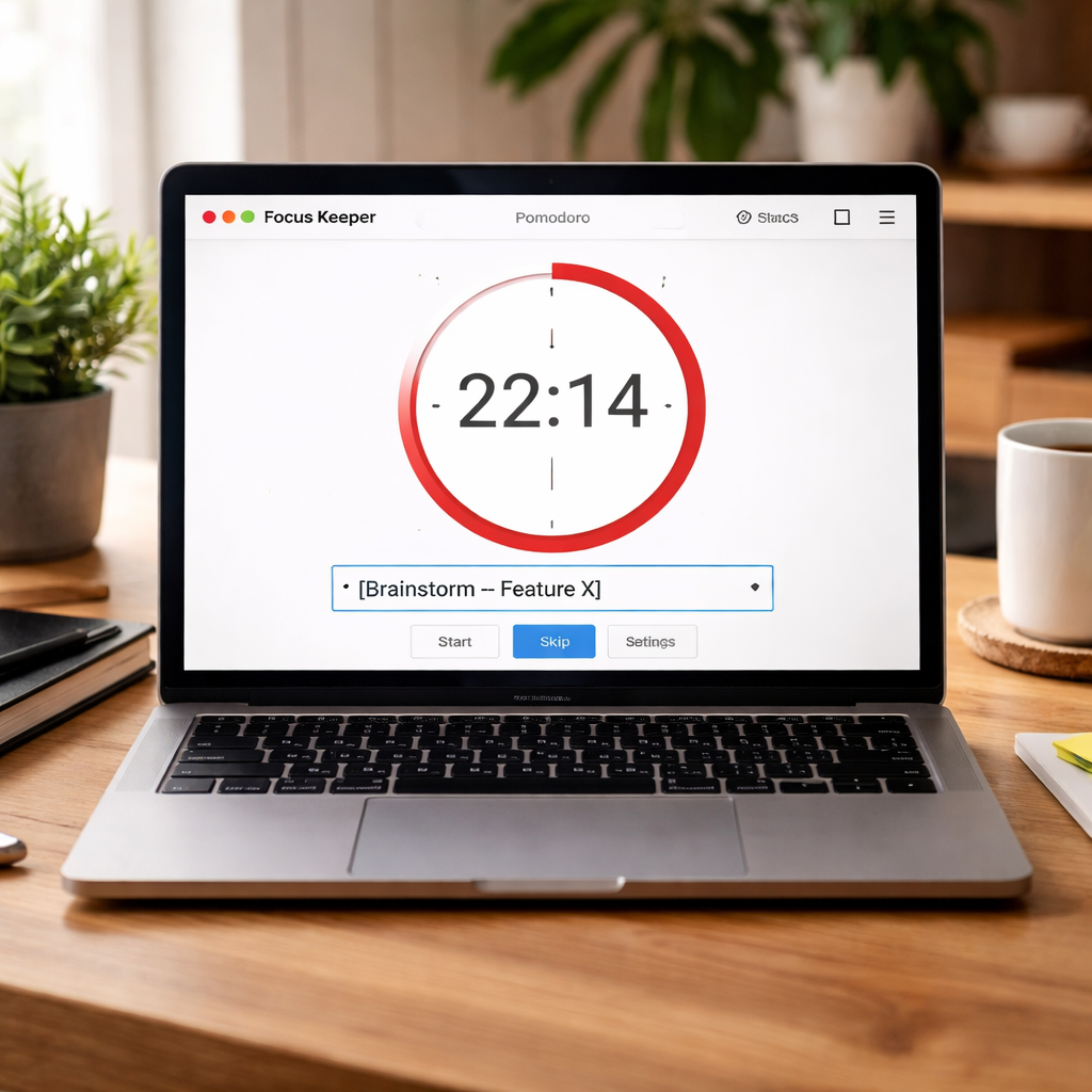 A photorealistic scene of a laptop displaying Focus Keeper’s Pomodoro timer with a custom label field open, showing a manually entered tag “[Brainstorm – Feature X