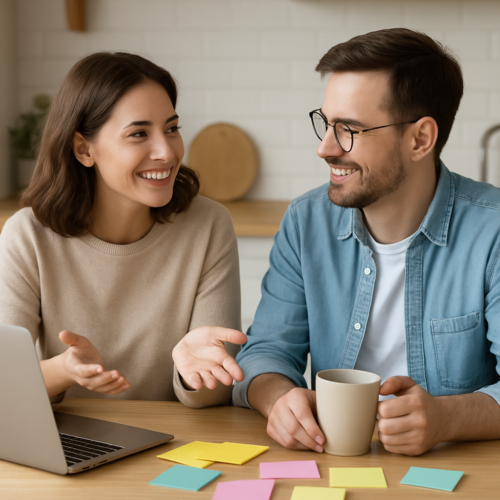 A couple sitting at a cozy kitchen table with a laptop, colorful sticky notes, and mugs of tea, illustrating a relaxed money conversation. Alt: Couple using visual cues for effective money communication.