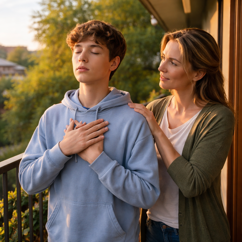 A realistic picture of a teen practicing deep‑breathing on a balcony, with a parent nearby offering supportive guidance. Alt: healthy coping strategies for teen opioid discussions