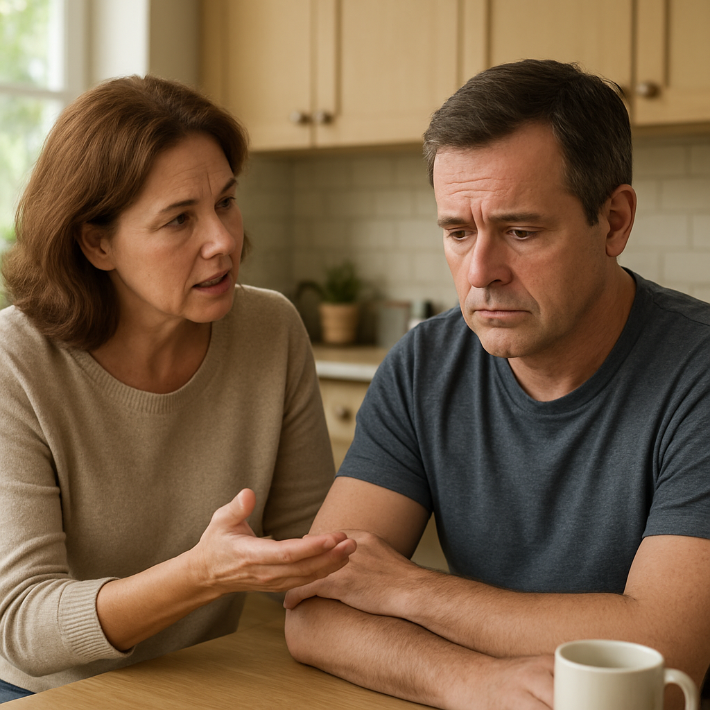 A descriptive prompt for an AI image generator, Alt: Calm, real-world kitchen scene showing a concerned family member speaking softly to a loved one who appears hesitant but engaged in a conversation about health and change.