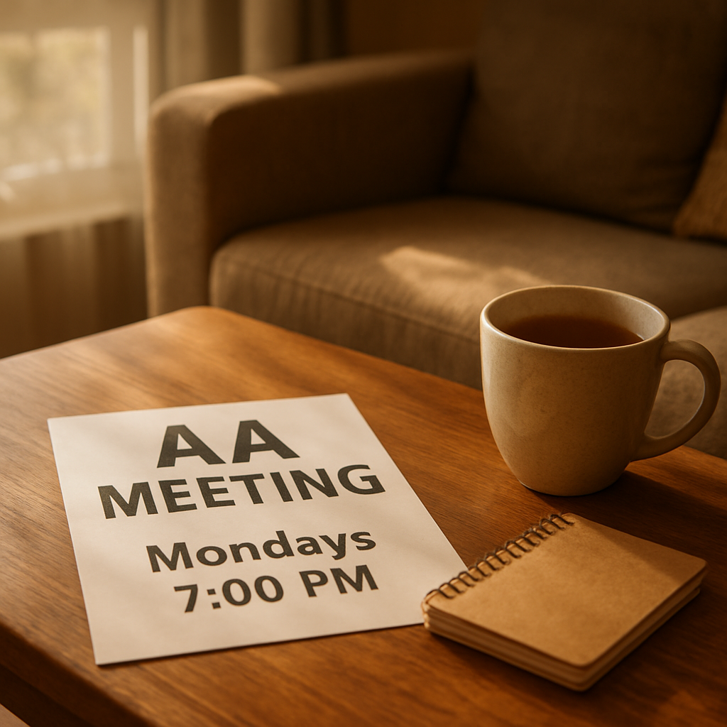 A photorealistic scene of a calm living‑room table with a printed AA meeting card, a small notebook, and a warm cup of tea, sunlight streaming through a window, conveying gentle support for someone in denial. Alt: Offer support and resources when talking to an alcoholic in denial.