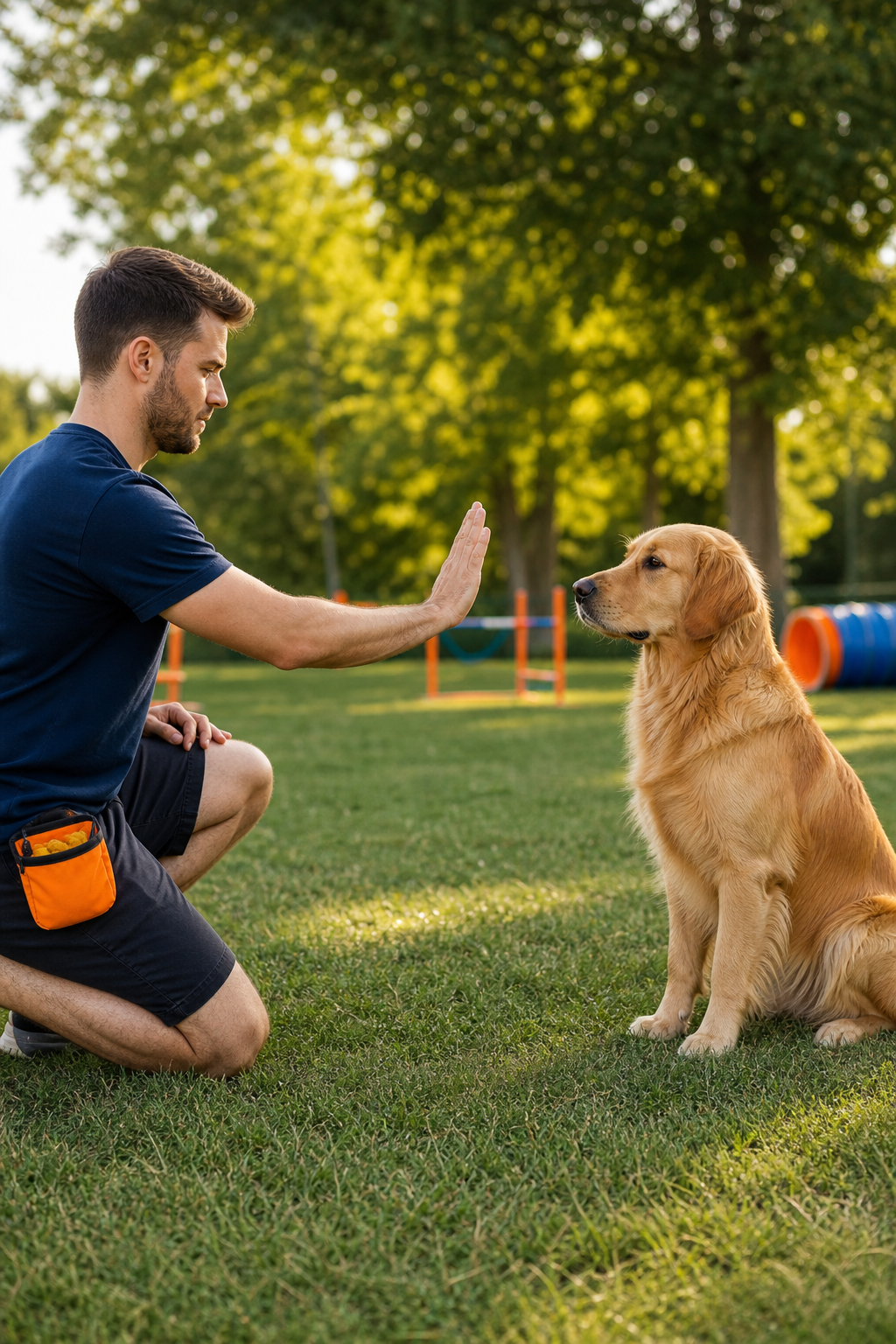 A realistic outdoor scene of a dog trainer kneeling on a grass patch, hand flat, saying “stay” to a focused golden retriever, bright natural light, photorealistic style, alt: dog learning stay cue outdoors