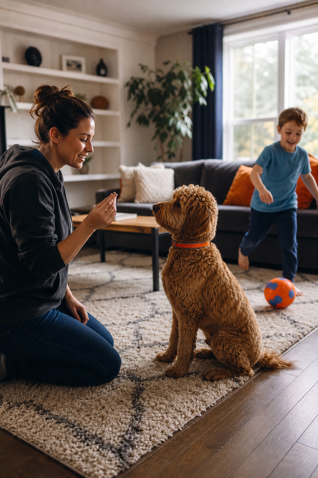 A realistic indoor living room where a dog sits on a rug, trainer holds a treat, a child playing with a ball in the background, showing mild distraction, photorealistic style, alt: dog staying amid light distraction