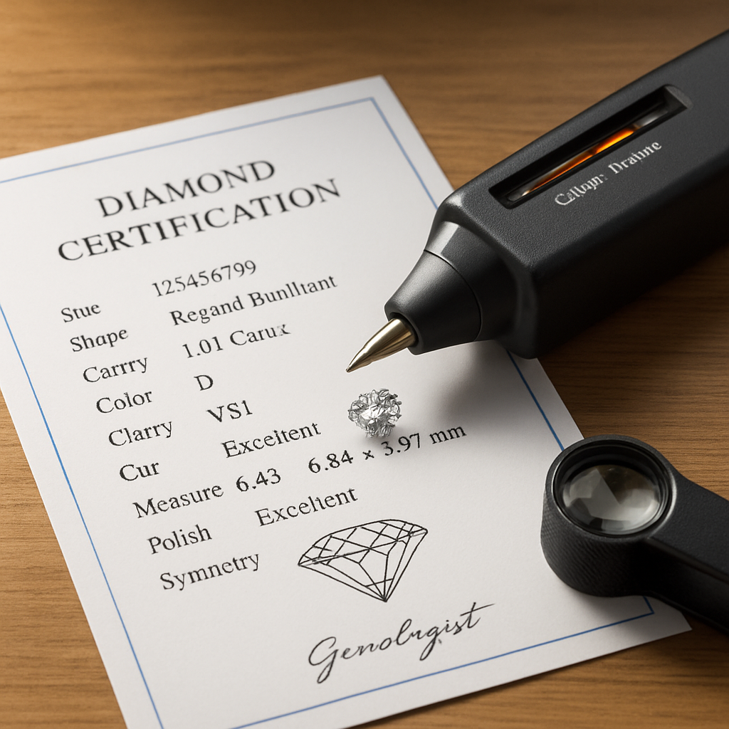 A close‑up of a jeweler’s desk with a diamond certification report, a handheld thermal tester, and a travel‑size loupe, all illuminated by soft natural light. Alt: Expert certification and final verification steps for distinguishing cubic zirconia from diamond.
