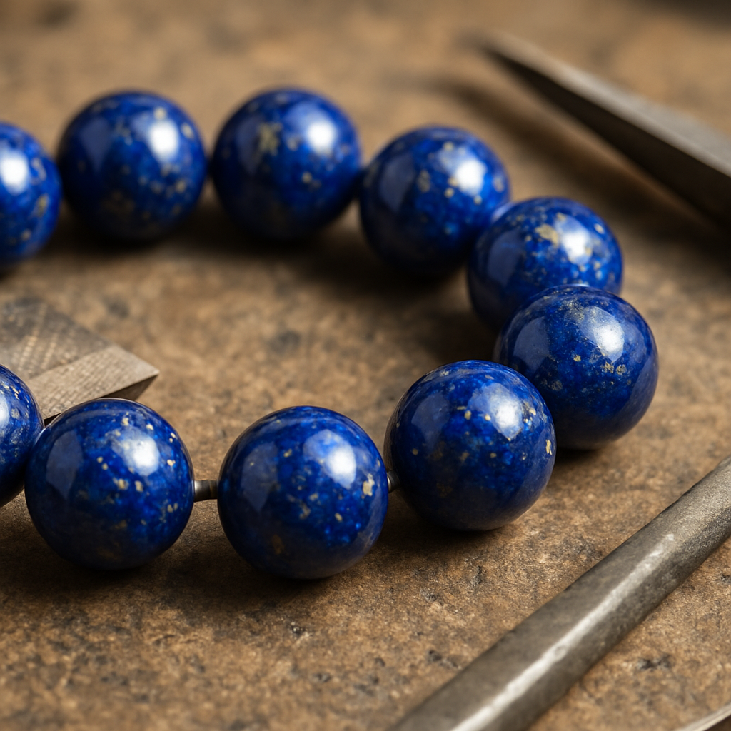 A photorealistic close-up of lapis lazuli beads showing deep cobalt-blue colour with shimmering pyrite flecks and natural matrix, laid out on a jeweller's bench with tools nearby. Alt: Close-up of real lapis lazuli beads colour and pattern for validation.