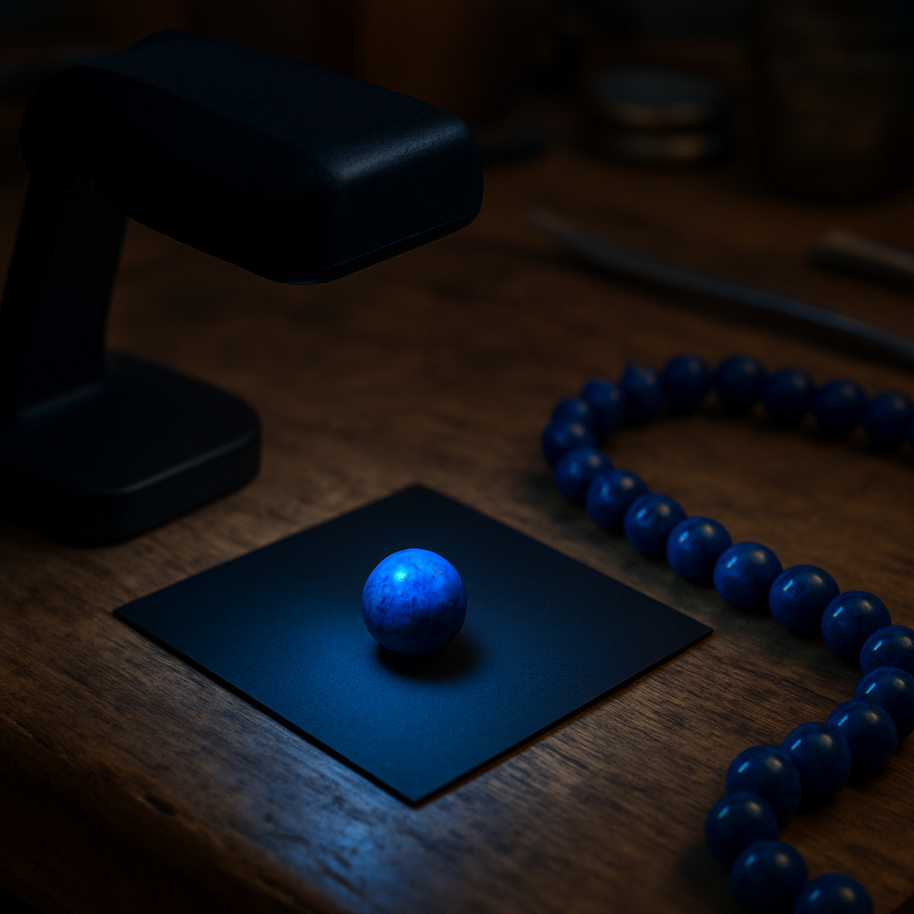 A photorealistic close‑up of a jeweller’s workbench at dusk, a black UV lamp illuminating a single blue lapis lazuli bead on a matte black card, faint blue glow visible, with a reference strand of authentic denim lapis beads beside it. Alt: UV light test revealing real lapis lazuli vs fake bead.
