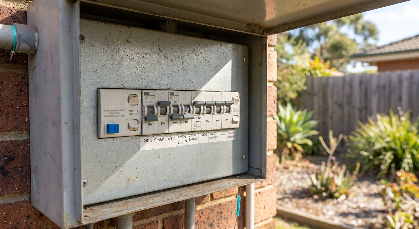 A photorealistic close-up of an open Australian residential switchboard showing a row of labelled safety switches and circuit breakers, with one safety switch test button marked 'T' clearly visible. Alt: how to test a safety switch by locating the test button on an Australian switchboard.