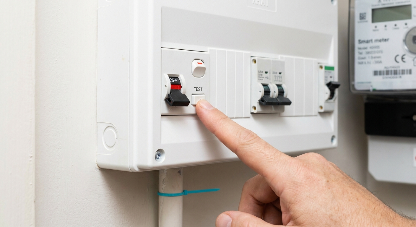 A photorealistic image of a hand pressing a safety switch test button on an Australian switchboard with the switch lever flipped to the off position. Alt: interpreting results when you test a safety switch and it trips to the off position.