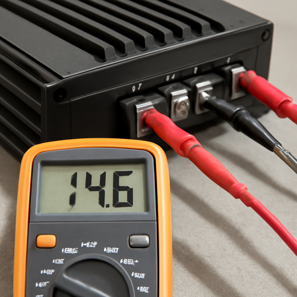 A close‑up of a car audio amp with a multimeter’s probes clipped onto the power terminals, bright garage lighting, showing a clear digital readout of 14.6 V. Alt: checking car amplifier voltage with multimeter for safe testing.
