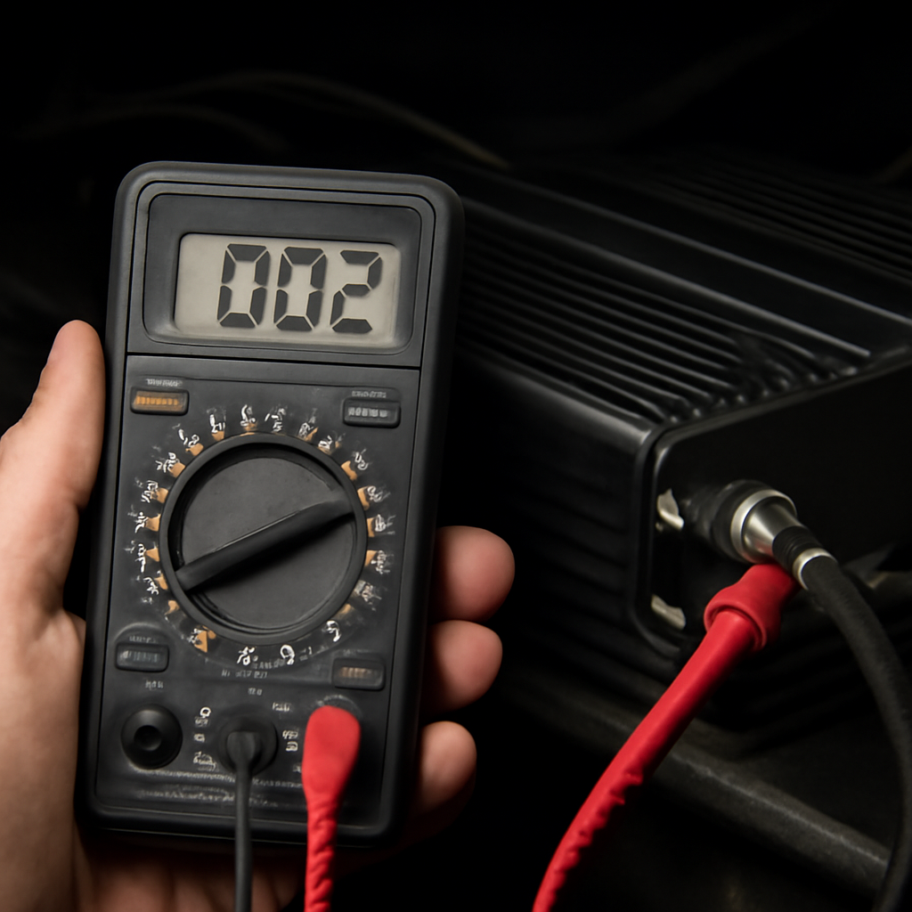 A close‑up of a hand holding a digital multimeter probing a car amplifier’s ground bolt in a dimly lit amp bay, showing the multimeter display with a low resistance reading. Alt: Troubleshooting car amp ground resistance with a multimeter.