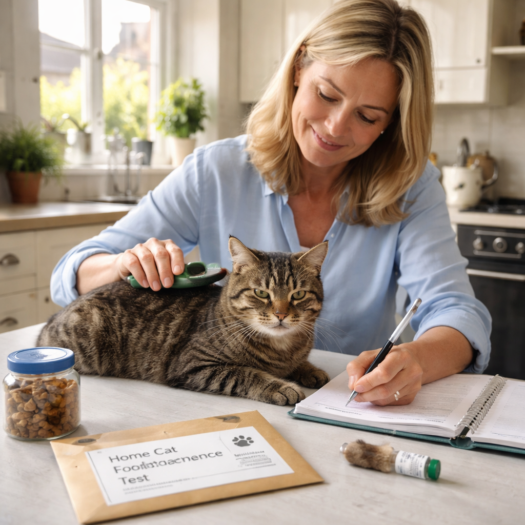 A photorealistic scene of a British homeowner sitting at a kitchen table, gently brushing a tabby cat’s fur while writing notes in a symptom diary, a small glass jar of cat food and a labelled envelope for a home test kit visible on the counter. Alt: Cat food intolerance testing at home UK, symptom diary and fur sample collection.