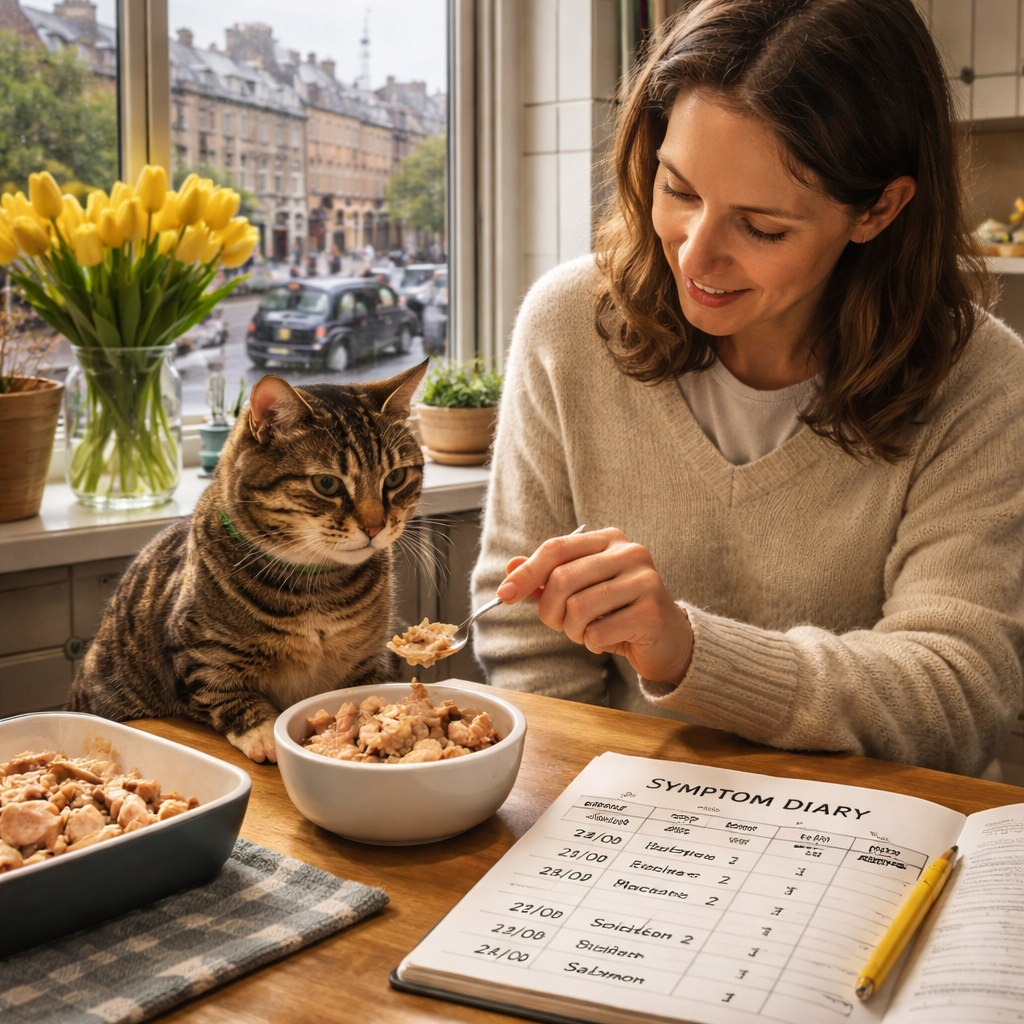 A photorealistic scene of a British homeowner sitting at a kitchen table with a cat, a small spoon of chicken being mixed into a bowl of novel‑protein cat food, and an open symptom diary showing date, ingredient, and reaction scores. The kitchen has a window looking onto a rainy London street, emphasising a calm, everyday UK setting. Alt: Step‑by‑step re‑introducing foods to a cat while observing reactions.