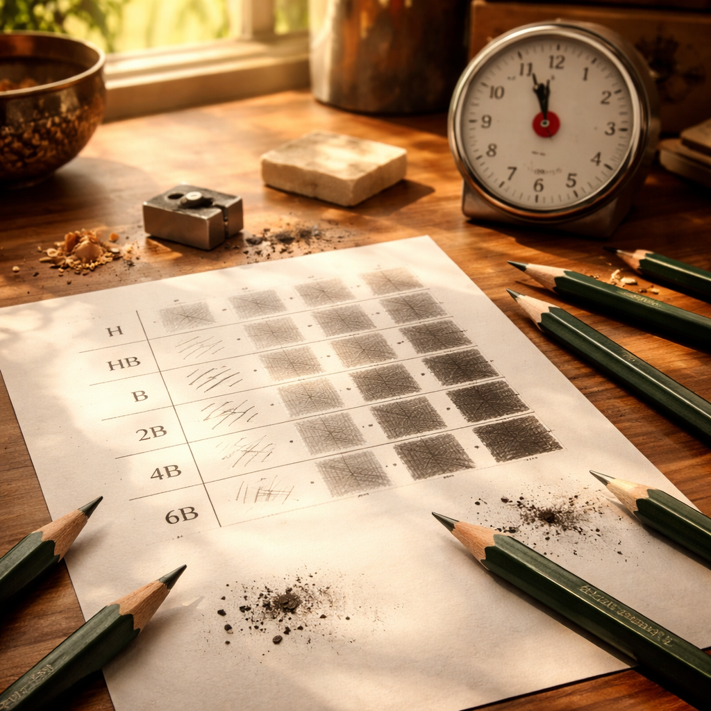 A photorealistic, close-up scene of a calm artist's desk showing graphite pencils, a sharpener, a ruled grid of test marks on paper, and a timer, sunlit from a window in a cozy Indian home studio. Alt: Realistic desk setup for testing graphite pencil hardness at home.