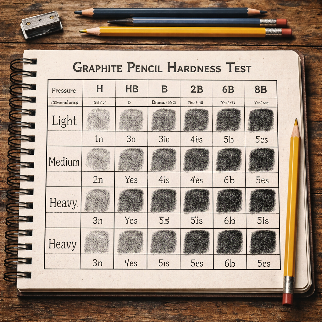 A photorealistic Realism image showing a hand‑filled notebook table with pencil grades across the top, pressure levels down the side, and columns for darkness (1‑5) and smudge (Yes/No). Alt: Detailed table for recording graphite pencil hardness test results.