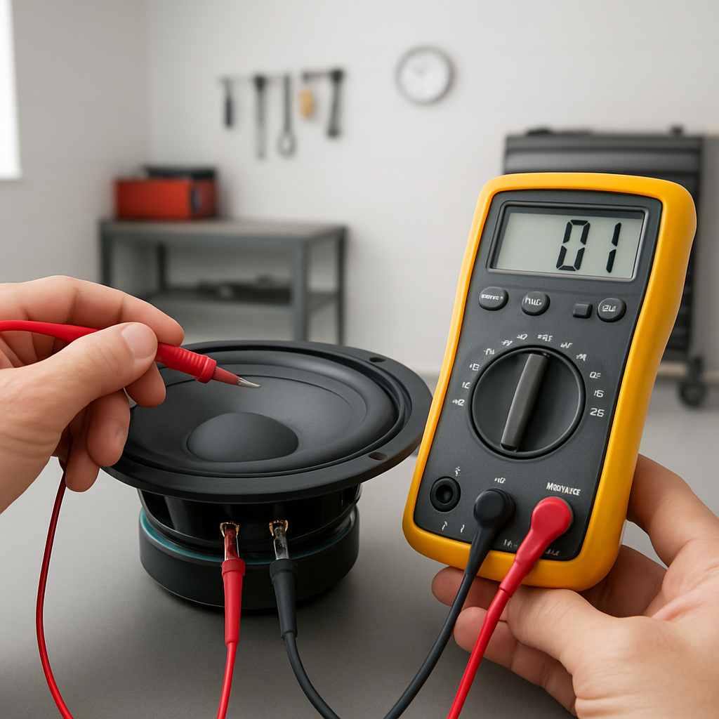 A close‑up of a car audio installer’s hands holding a digital multimeter probes on a speaker terminal, with a clean garage background. Alt: How to test speaker with multimeter – tools and safety setup