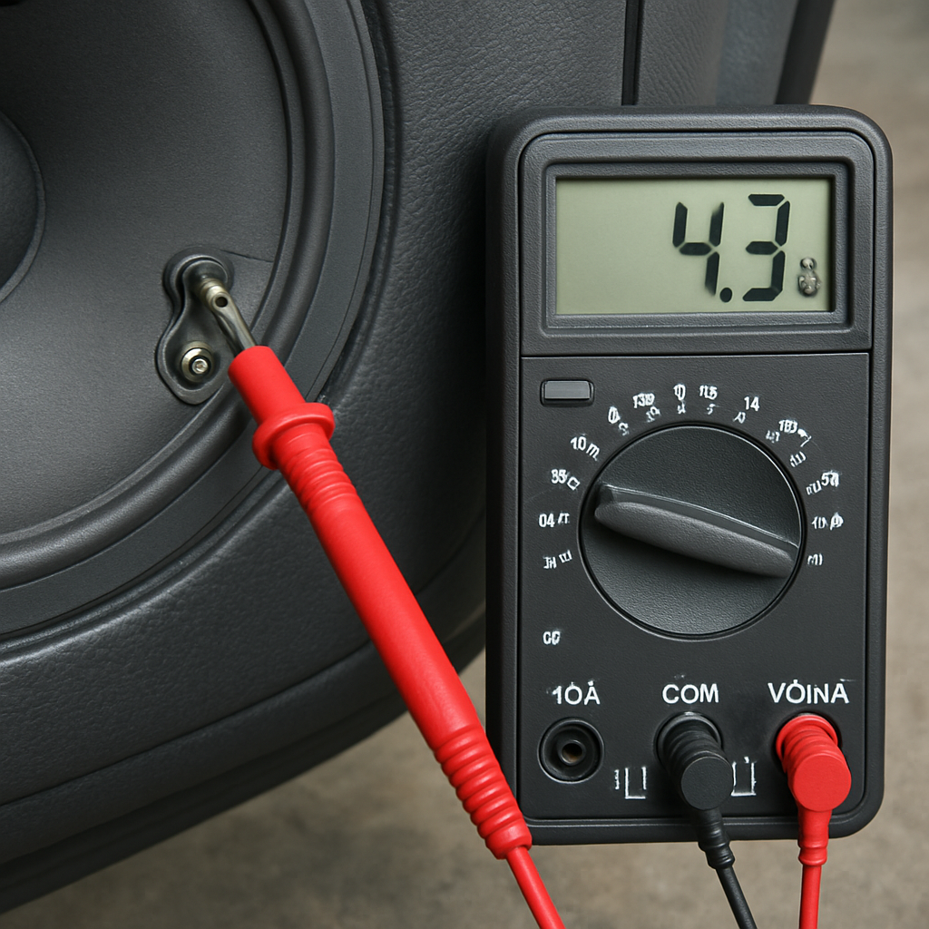 A close‑up of a car door speaker terminal with a multimeter probe attached, showing a clear 4.3 Ω reading on the screen. Alt text: 