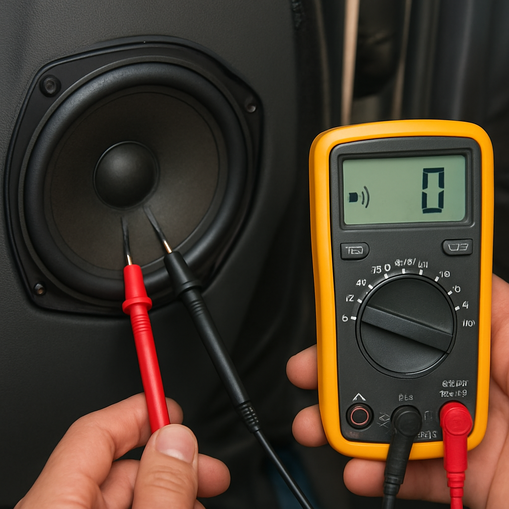 A close‑up of a car door speaker wire being probed with a multimeter, showing the multimeter’s continuity beep indicator lit. Alt:
