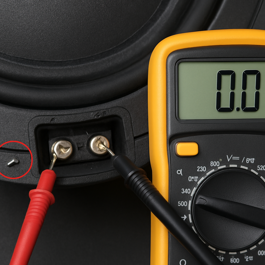 A close‑up of a car subwoofer’s terminal block with a multimeter’s probes touching the + and – terminals, a tiny stray screw highlighted in red, showing a 0 Ω reading on the meter. Alt: Checking for shorts and opens in a subwoofer voice coil.