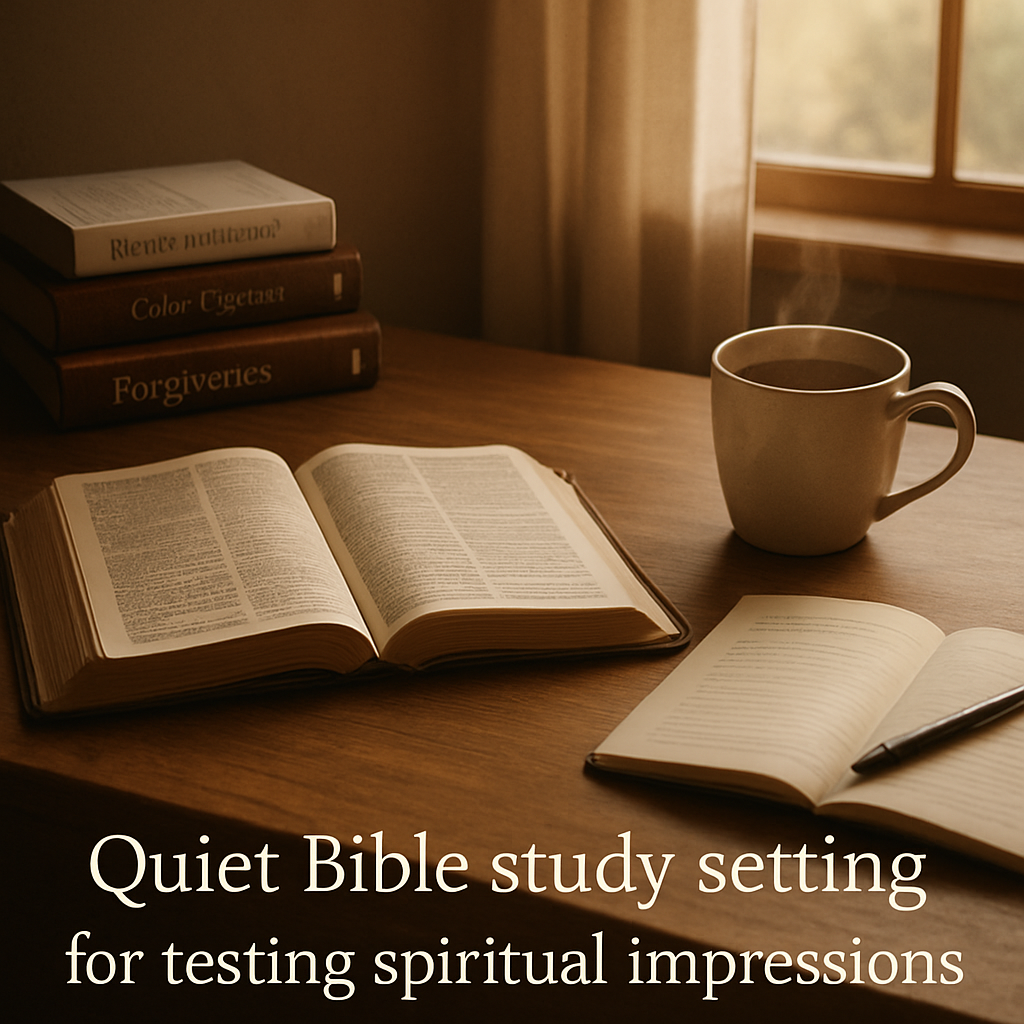 A serene study space with an open Bible, a journal, a cup of tea, and soft natural light. Alt: 