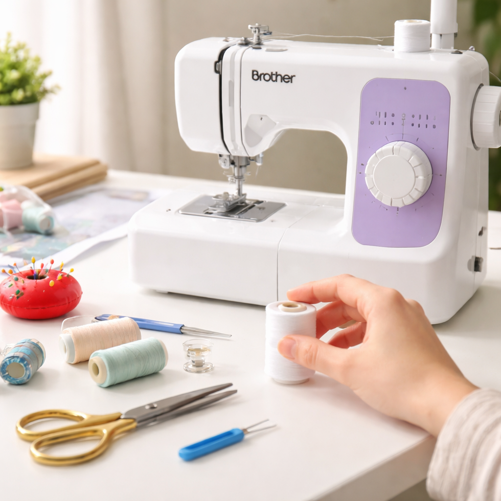A photorealistic scene of a well‑lit craft table with a Brother sewing machine, spool of thread, bobbin, scissors, and a beginner’s hand reaching for the spool. Alt: How to thread a Brother sewing machine – tools and setup.