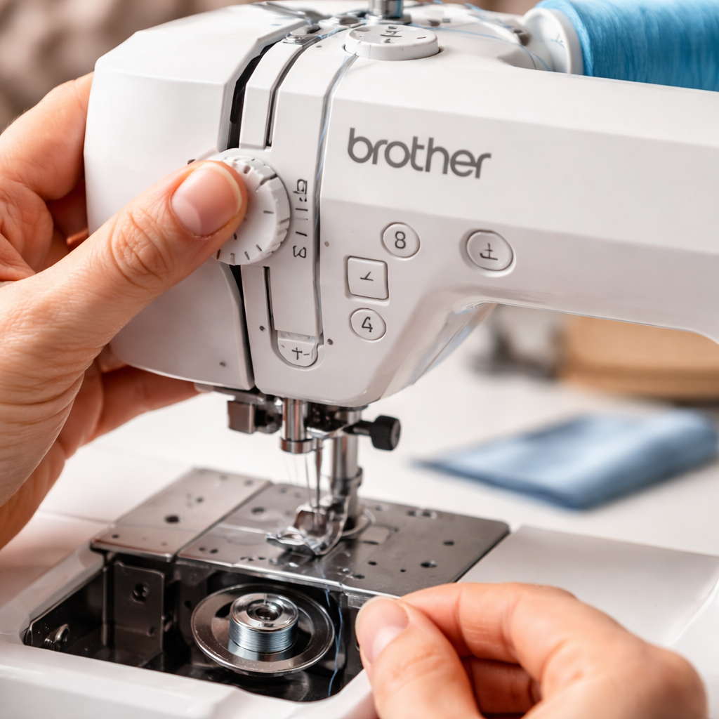 A photorealistic close‑up of a Brother sewing machine’s upper thread path and bobbin area, showing a hand adjusting tension dial and checking needle, realistic lighting, aimed at hobbyists and creative entrepreneurs.