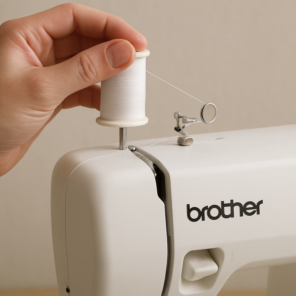 A hand holding a Brother sewing machine, pulling a spool of thread through the machine’s threading path, with a clear view of the spool pin, thread guide, and take‑up lever. Alt: Brother sewing machine threading process