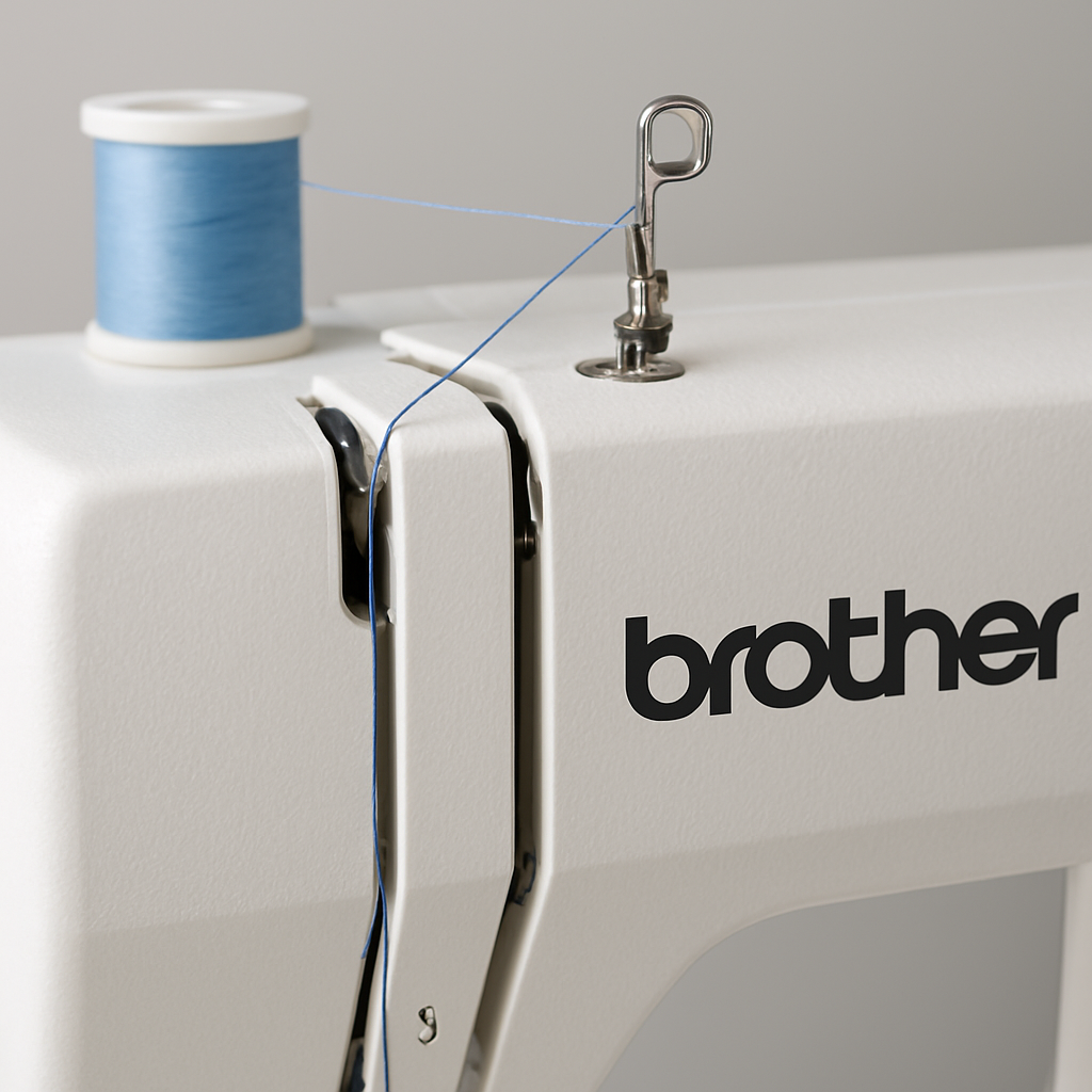 A close‑up of a Brother sewing machine’s threading path, showing the take‑up lever, needle bar, and upper thread guide aligned with a thread spool. Alt: Brother sewing machine thread path illustration