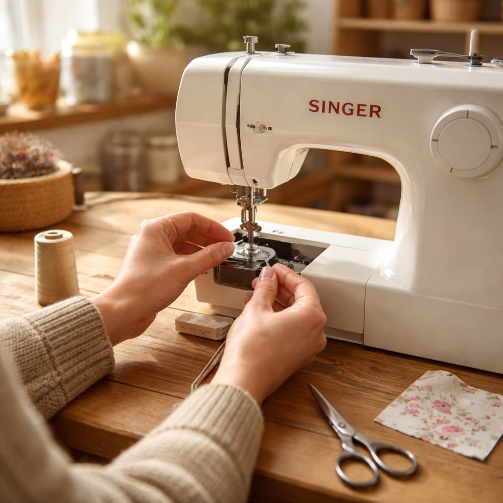 A Realism image showing a person seated at a tidy craft desk, hands guiding thread through the bobbin area of a Singer sewing machine, with a spool, scissors, and a test scrap on the table; natural daylight; a warm, inviting workshop atmosphere. Alt: Person threading a Singer sewing machine bobbin in a cozy craft room.