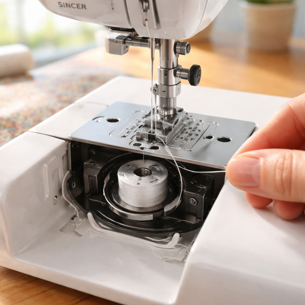A photorealistic close‑up of a Singer sewing machine bobbin case open, a fresh bobbin seated on the spring, and a two‑inch tail of polyester thread being gently pulled through the tiny needle plate slot, natural light from a bright craft room highlighting the fabric and tools, Alt: Pulling thread through needle plate on Singer sewing machine for beginners