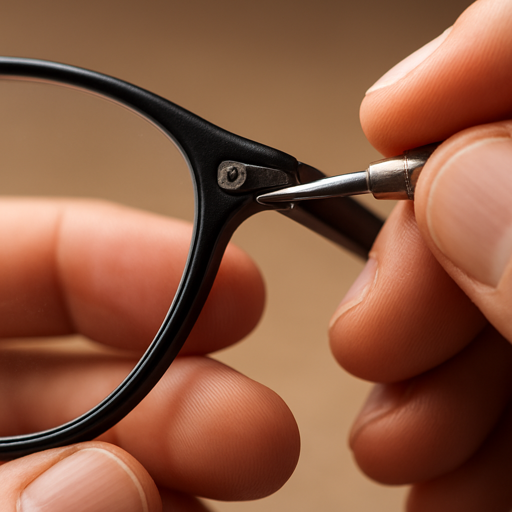 Close‑up of a pair of glasses being examined, focusing on the hinge and screw. Alt: Inspecting glasses arms to identify loose hinge for tightening.