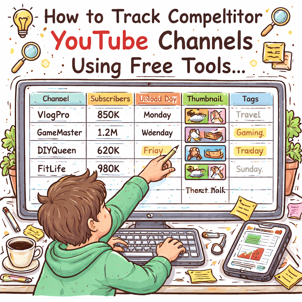 Doodle illustration of a creator scrolling through a spreadsheet full of YouTube competitor data, highlighting columns for subscriber count, upload day, thumbnail style, and keyword tags. Alt: How to track competitor YouTube channels using free tools.
